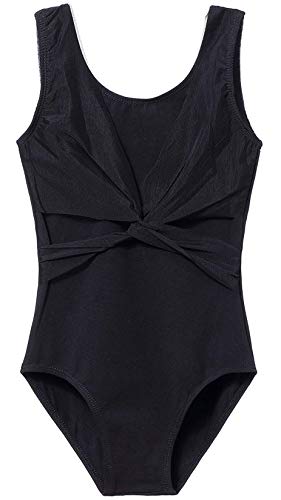 MdnMd Sleeveless Tank Leotard for Girls with Mesh Cross Front (Black, 12-14 Years) - Image 1
