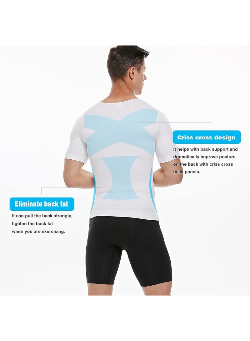 SOLARAE Men's Compression Shirt, Slimming Body Shaper Undershirt, Slimming baselayer T-Shirt, Workout Vest, Abs Abdomen Slim Body Shaper, T-Shirt Workout, XL, White - Image 4