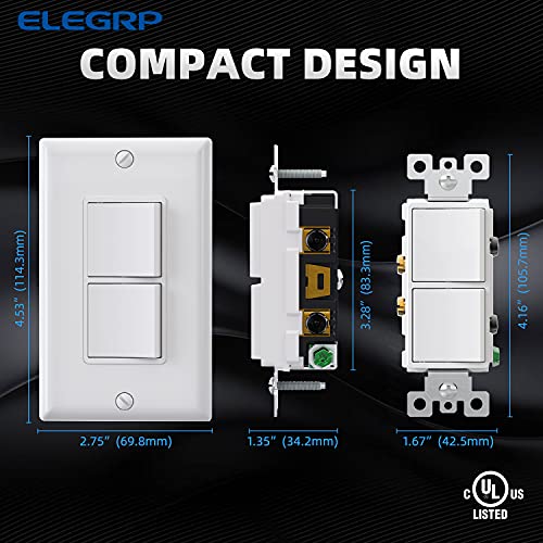 ELEGRP Decorator Double Rocker Light Switch, Two Single Pole Electrical Paddle, 15A 120V, in-Wall On/Off, Self-Grounding, Wall Plate Included, UL Listed (1 Pack, Glossy White) - Image 5