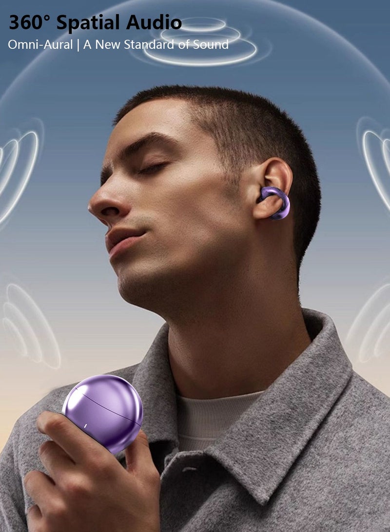 Open Ear Clip-On Earbuds Wireless Bluetooth 5.4 Headphones with Mic, Adaptive Comfort with Anti-Drop Design, Impactful Sound with Adaptive Bass Boost, Adaptive Noise Cancelling Calls, HiFi Sound Quality,Noise Cancelling,Waterproof,Sports Ear Buds (Purple)  - Image 5