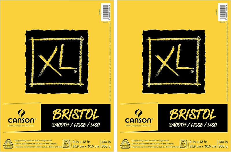 CANSON 2Pack  Canson XL Series Bristol Pad Heavyweight Paper for Ink Marker or Pencil Smooth Finish Fold Over 100 Pound 9 x 12 inch Bright White 25 Sheets
