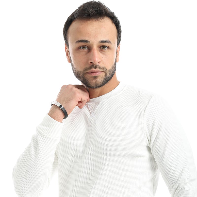 Andora Crew Neck Collar Self Patterened White Long Sleeves Pullover-White - Image 4