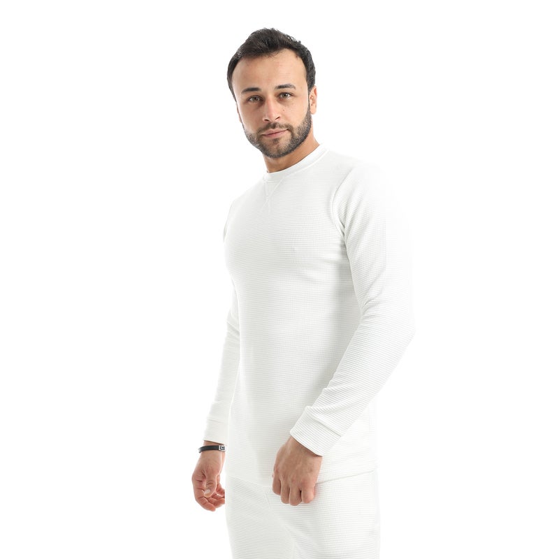 Andora Crew Neck Collar Self Patterened White Long Sleeves Pullover-White - Image 2