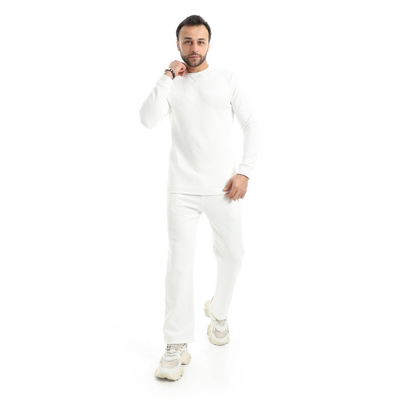 Andora Crew Neck Collar Self Patterened White Long Sleeves Pullover-White - Image 5