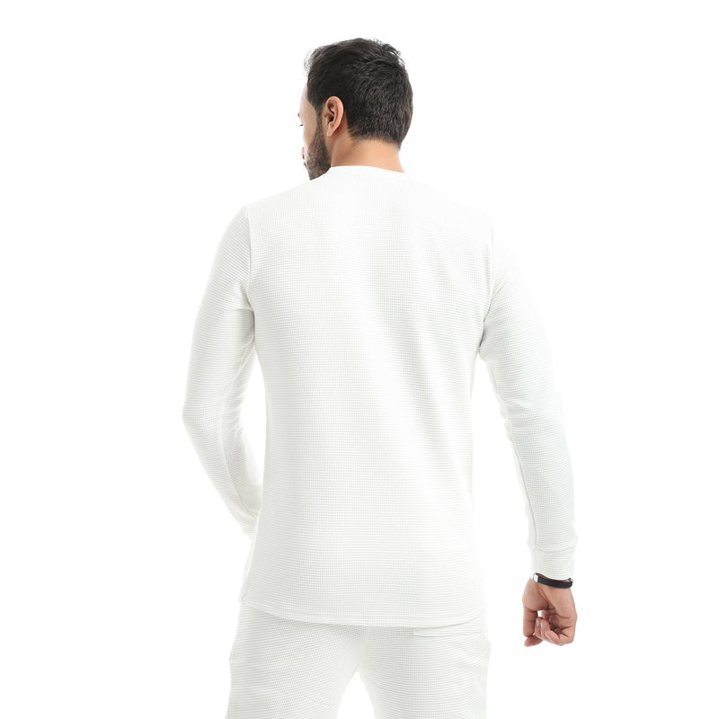 Andora Crew Neck Collar Self Patterened White Long Sleeves Pullover-White - Image 3