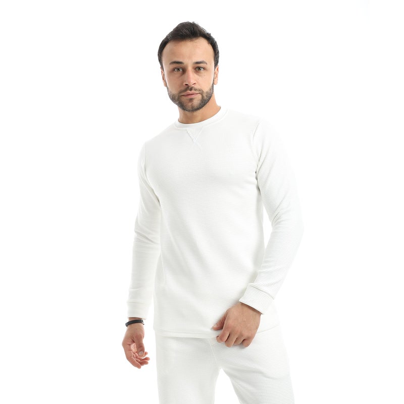 Andora Crew Neck Collar Self Patterened White Long Sleeves Pullover-White - Image 1