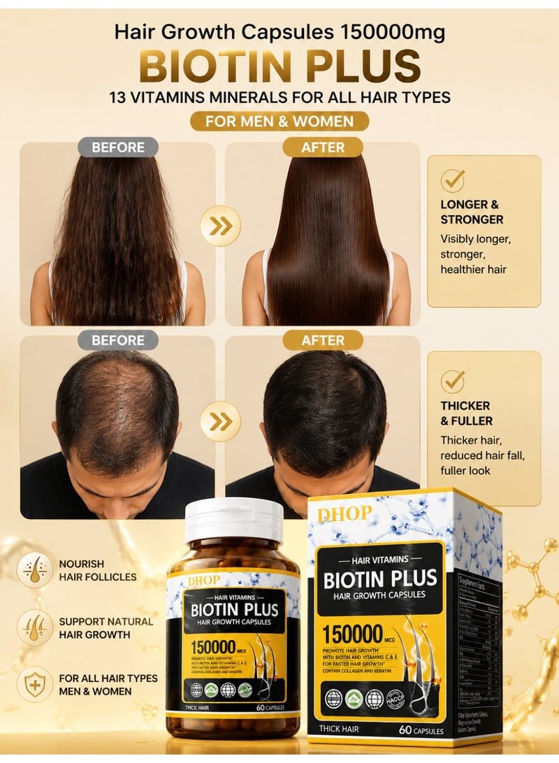 DHOP Hair Growth Capsules 150000 mcg Biotin & 13 Vitamins Minerals – Hair Vitamins & Hair Multivitamin Complex with Collagen, Vitamin D & Vitamin E for Thicker Stronger Hair, Skin & Nails Support for Men & Women, All Hair Types Growth Support Formula - Image 2