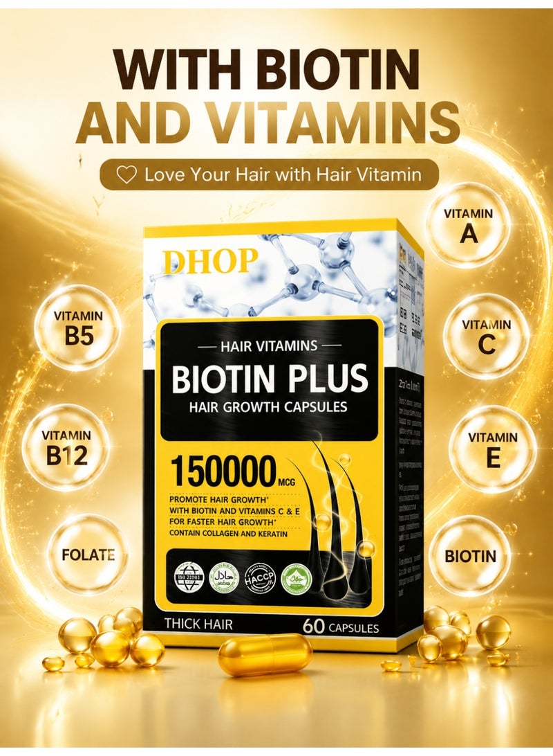 DHOP Hair Growth Capsules 150000 mcg Biotin & 13 Vitamins Minerals – Hair Vitamins & Hair Multivitamin Complex with Collagen, Vitamin D & Vitamin E for Thicker Stronger Hair, Skin & Nails Support for Men & Women, All Hair Types Growth Support Formula - Image 3