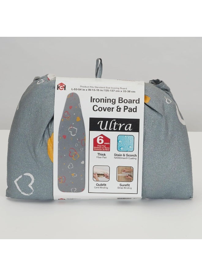 Household Essentials Household Essentials Ultra Ironing Board Cover and Pad Hearts Print with Sparkle Finish Gray  - Image 2