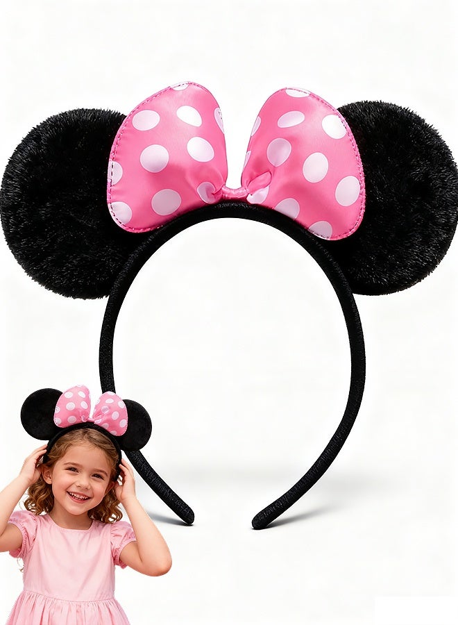 عصابة رأس ميني ماوس، قطعتان، آذان سوداء سادة، فيونكة وردية مع نقاط بولكا للبنات، هدايا للحفلات - Image 1