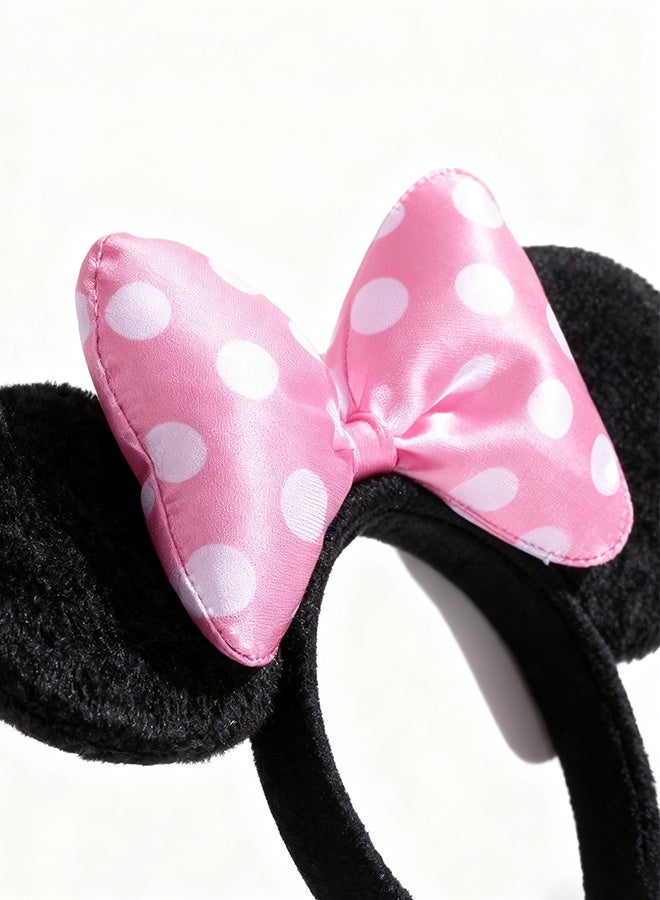 عصابة رأس ميني ماوس، قطعتان، آذان سوداء سادة، فيونكة وردية مع نقاط بولكا للبنات، هدايا للحفلات - Image 5