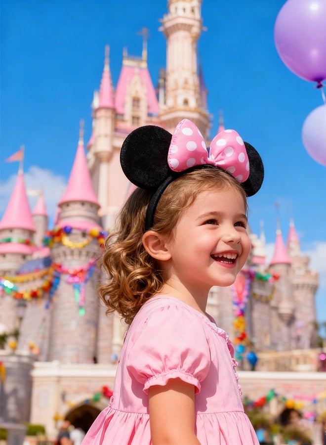 عصابة رأس ميني ماوس، قطعتان، آذان سوداء سادة، فيونكة وردية مع نقاط بولكا للبنات، هدايا للحفلات - Image 3