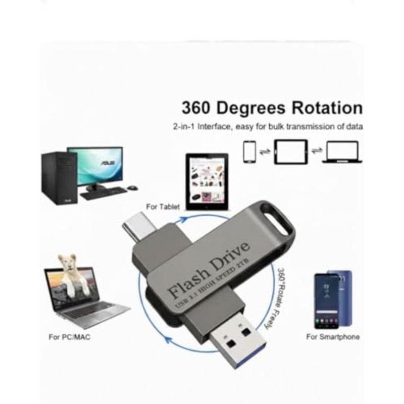2TB USB Flash Drive Type C Interface High Speed USB Flash Drive Dual Drive 2in 1 Thumb Drive with Keyhole and Keychain OTG for Smartphones, Computers, Tablets, PC - Image 2