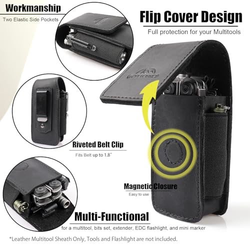 Topstache Multitool Sheath with Belt Clip - EDC Belt Organizer Multi Tool Case - Leather Multitool Holster for Belt - Magnetic Closure Leather Multitool Pouch Fits Folding Tool, Black - Image 4