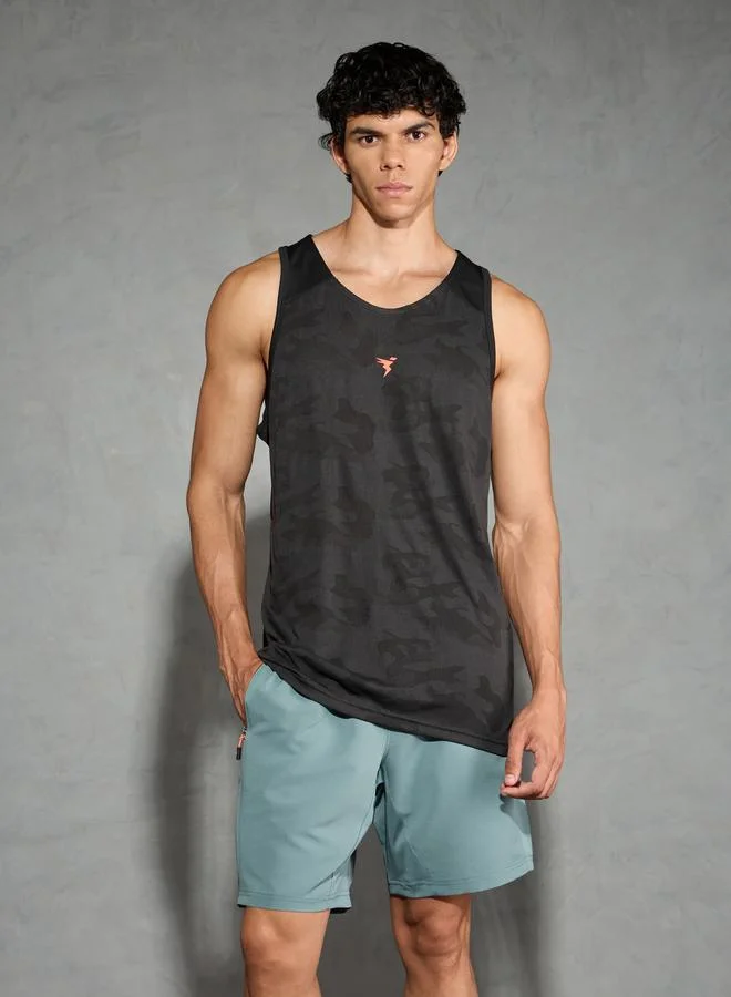 تكنوسبورت Technosport Men Black Scoop Neck Jacquard Tank