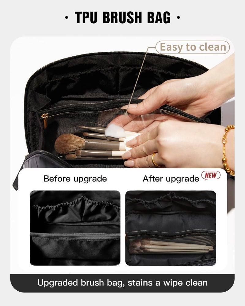 EACHY Travel Makeup Bag, Large Capacity Cosmetic Bags for Women, Waterproof Portable Open Flat Toiletry Bag Make up Bag with Divider and Handle (F-Black, Medium) - Image 3