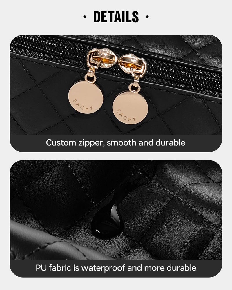 EACHY Travel Makeup Bag, Large Capacity Cosmetic Bags for Women, Waterproof Portable Open Flat Toiletry Bag Make up Bag with Divider and Handle (F-Black, Medium) - Image 5