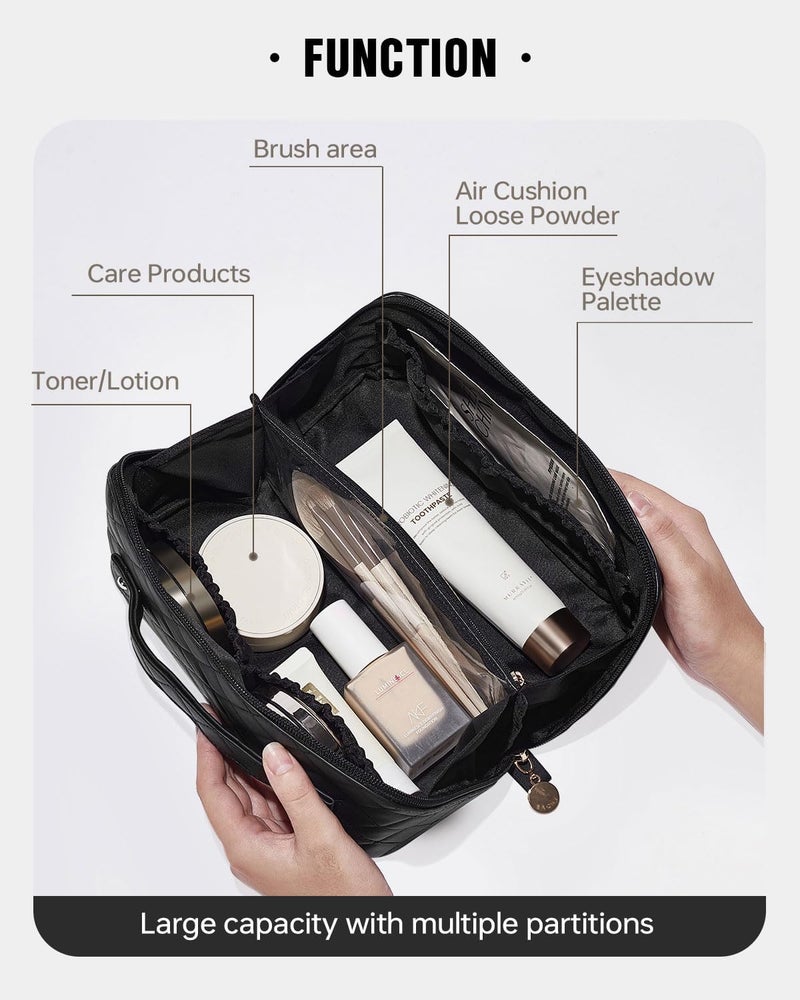 EACHY Travel Makeup Bag, Large Capacity Cosmetic Bags for Women, Waterproof Portable Open Flat Toiletry Bag Make up Bag with Divider and Handle (F-Black, Medium) - Image 2