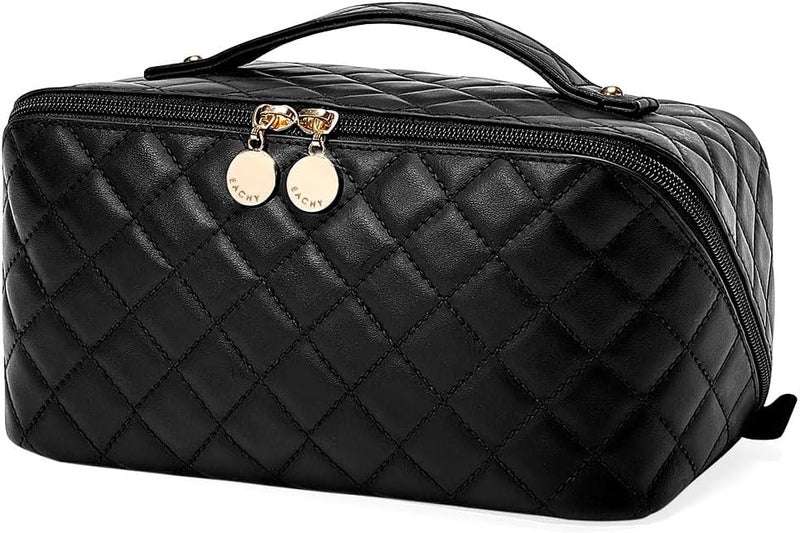 EACHY Travel Makeup Bag, Large Capacity Cosmetic Bags for Women, Waterproof Portable Open Flat Toiletry Bag Make up Bag with Divider and Handle (F-Black, Medium) - Image 1