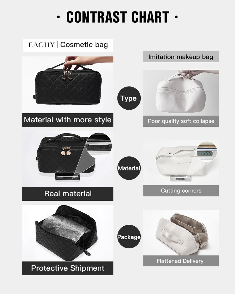 EACHY Travel Makeup Bag, Large Capacity Cosmetic Bags for Women, Waterproof Portable Open Flat Toiletry Bag Make up Bag with Divider and Handle (F-Black, Medium) - Image 4
