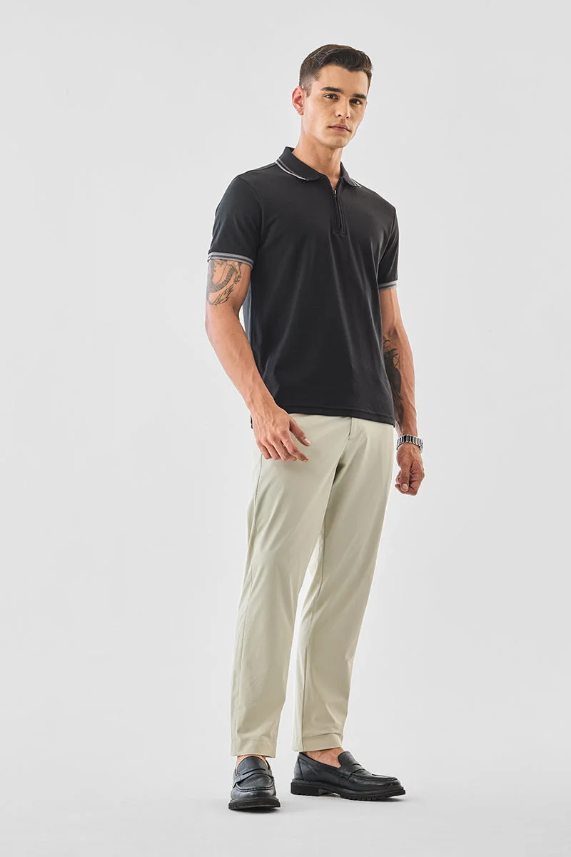 SNITCH Beige Solid Slim Fit Casual Trousers