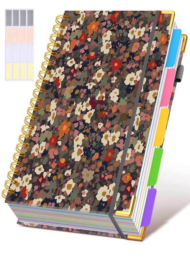 dilitego Hardcover Spiral Notebook 8.5"x11" Journal with Removable Dividers Tabs, 300 Pages Leather 5 Subject Notebook College Ruled, Large A4 Notebooks for Work School, Lined Journal for Women, A4 Flower - Image 1