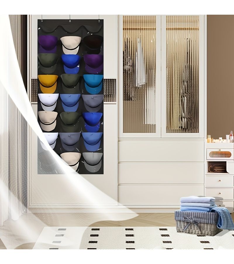 1 Pack Large Capacity 6 Layer Baseball Hat Rack Organizer 18 Compartment Cap Storage Bag With Hooks Over The Door Clear Pocket For Display And Protection Black - Image 4