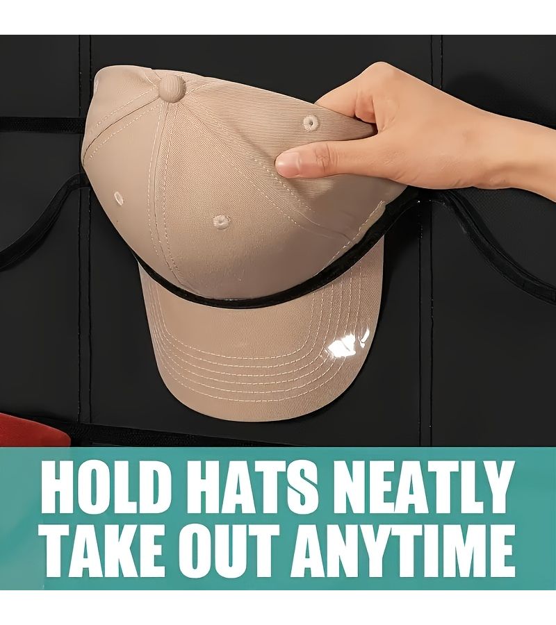 1 Pack Large Capacity 6 Layer Baseball Hat Rack Organizer 18 Compartment Cap Storage Bag With Hooks Over The Door Clear Pocket For Display And Protection Black - Image 5