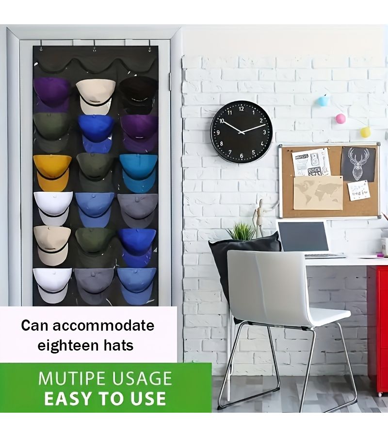 1 Pack Large Capacity 6 Layer Baseball Hat Rack Organizer 18 Compartment Cap Storage Bag With Hooks Over The Door Clear Pocket For Display And Protection Black - Image 1