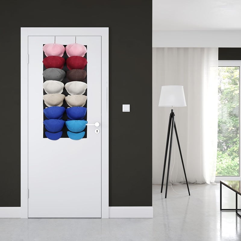 1 Pack Large Capacity 6 Layer Baseball Hat Rack Organizer 18 Compartment Cap Storage Bag With Hooks Over The Door Clear Pocket For Display And Protection Black - Image 2
