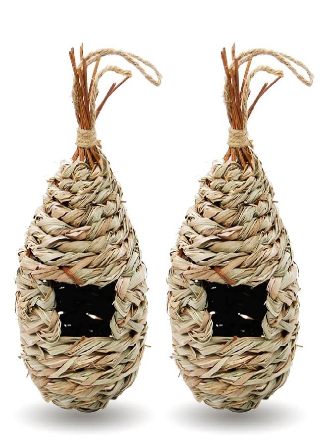 Gute Hummingbird Houses for Outside Hanging, Natural Grass Hanging Bird Hut, Hand Woven Hummingbird Nest, Large Wren Finch Bird House for Garden Window Outdoor Home Decoration, Set of 2 - Image 1