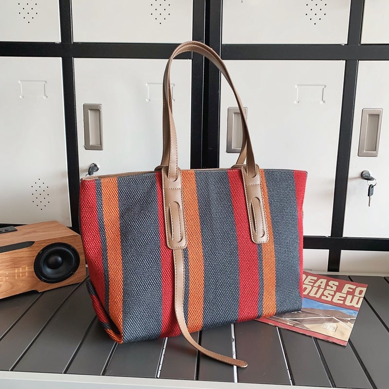 Large Capacity Handbag For Women 2023 New Trendy Canvas Shoulder Bag Korean Style Fashionable Casual Striped Tote Bag - Image 5