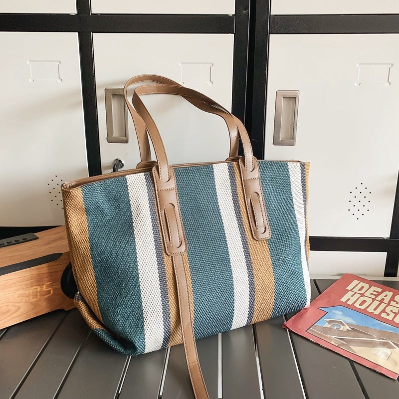 Large Capacity Handbag For Women 2023 New Trendy Canvas Shoulder Bag Korean Style Fashionable Casual Striped Tote Bag - Image 4