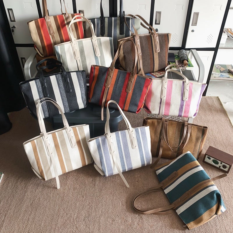 Large Capacity Handbag For Women 2023 New Trendy Canvas Shoulder Bag Korean Style Fashionable Casual Striped Tote Bag - Image 3