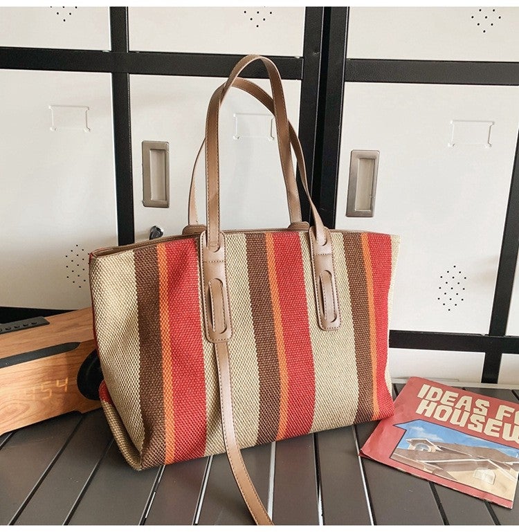 Large Capacity Handbag For Women 2023 New Trendy Canvas Shoulder Bag Korean Style Fashionable Casual Striped Tote Bag - Image 2