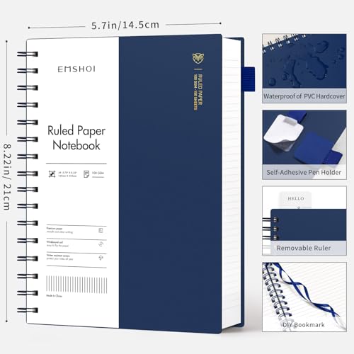 EMSHOI A5 Spiral Notebook College Ruled Lined Journal, Small 5.7" X 8.22", 300 Pages/150 Sheets, 100gsm Thick Paper, Waterproof Hardcover, for Office School Women Men Work Writing Notes, Blue - Image 3