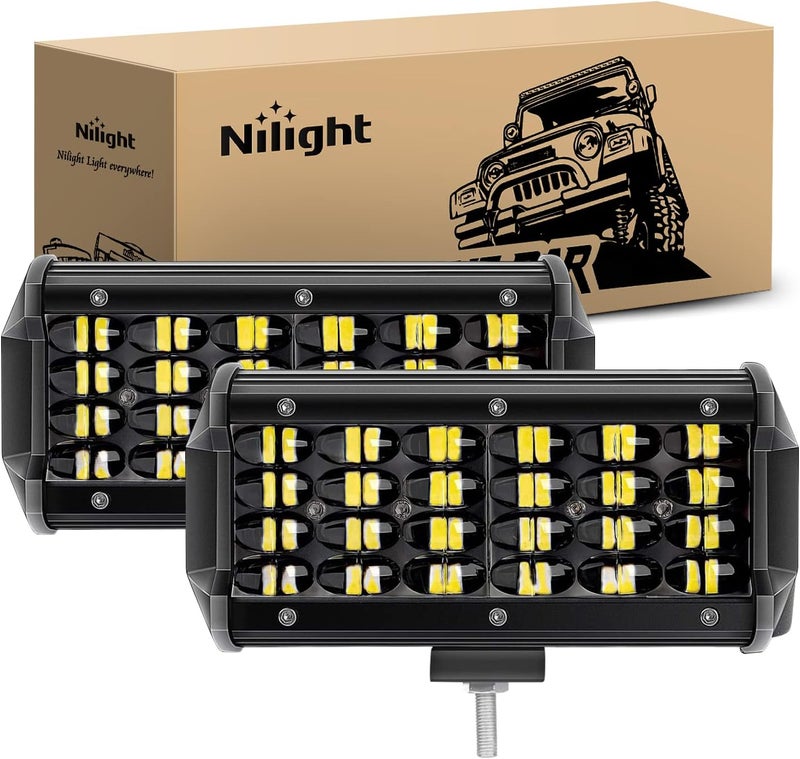 Nilight 18027C-A 2PCS 6.5Inch Bar 2 Pack 7 Inch 72w 7200lm Quad Row LED Off-Road Pods Spot Beam Fog Driving Work Light for Truck 4x4 ATV SUV Boat Jeep Tractor, 2 Year Warranty - Image 1