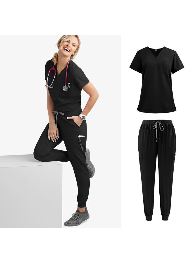 NIBEMINENT Multicolour Jogger Suits Doctor Nursing Uniforms Short Sleeve V-neck Tops Pocket Pants Nurse Scrubs Set Medical Clinical Clothes - Image 1