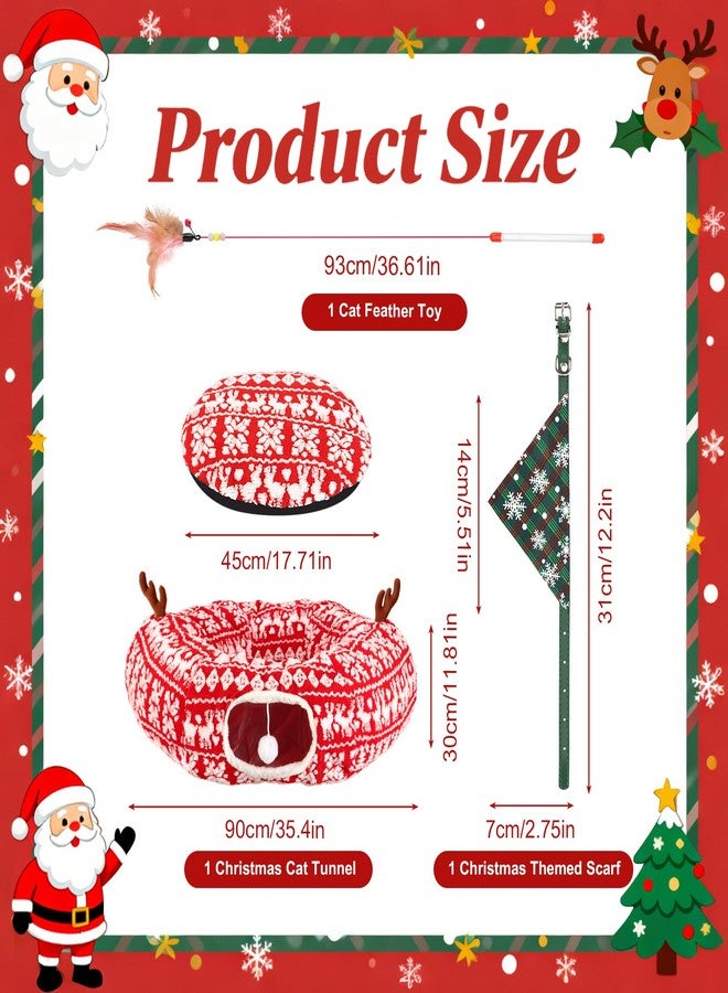 KBDHYY Cat Tunnel Bed Under Christmas Tree 35.4" Festive Circle Cat Tunnel with Feather Toys Adjustable Bibs Foldable Holiday Decorative Pet Cave for Indoor Cats Small Animals Fits Under Tree Skirt - Image 2