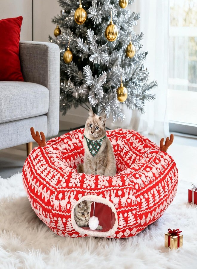 KBDHYY Cat Tunnel Bed Under Christmas Tree 35.4" Festive Circle Cat Tunnel with Feather Toys Adjustable Bibs Foldable Holiday Decorative Pet Cave for Indoor Cats Small Animals Fits Under Tree Skirt - Image 5