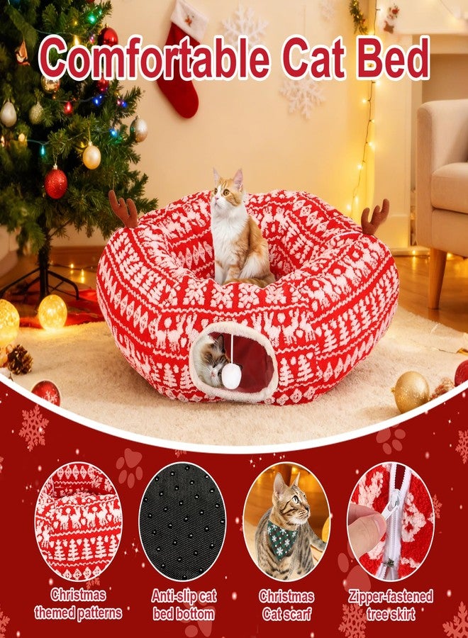 KBDHYY Cat Tunnel Bed Under Christmas Tree 35.4" Festive Circle Cat Tunnel with Feather Toys Adjustable Bibs Foldable Holiday Decorative Pet Cave for Indoor Cats Small Animals Fits Under Tree Skirt - Image 3