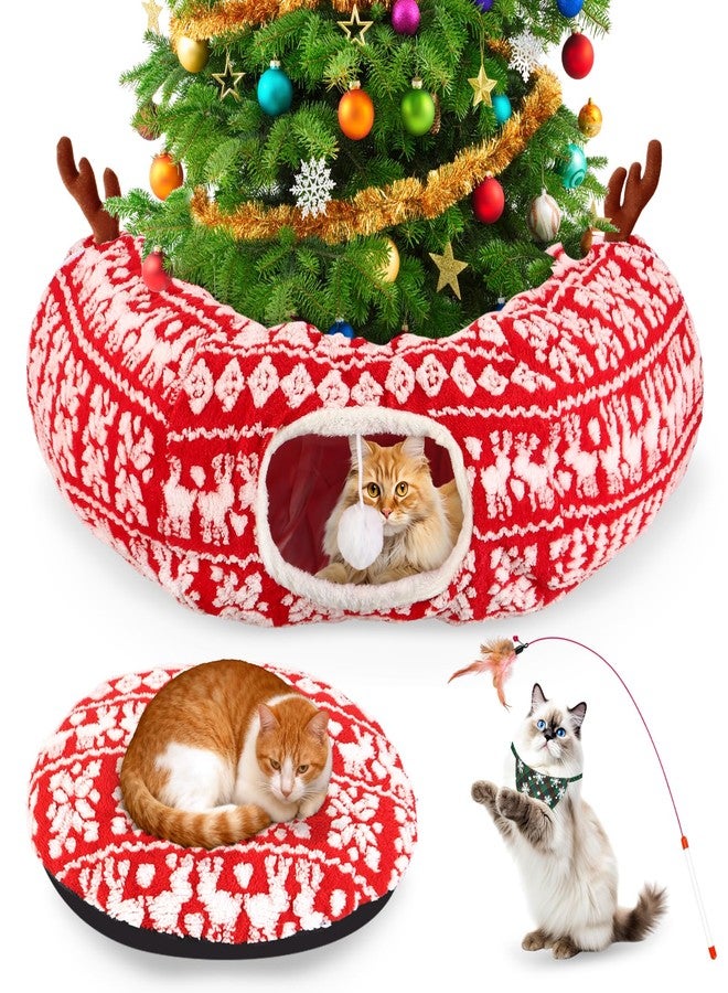 KBDHYY Cat Tunnel Bed Under Christmas Tree 35.4" Festive Circle Cat Tunnel with Feather Toys Adjustable Bibs Foldable Holiday Decorative Pet Cave for Indoor Cats Small Animals Fits Under Tree Skirt - Image 1