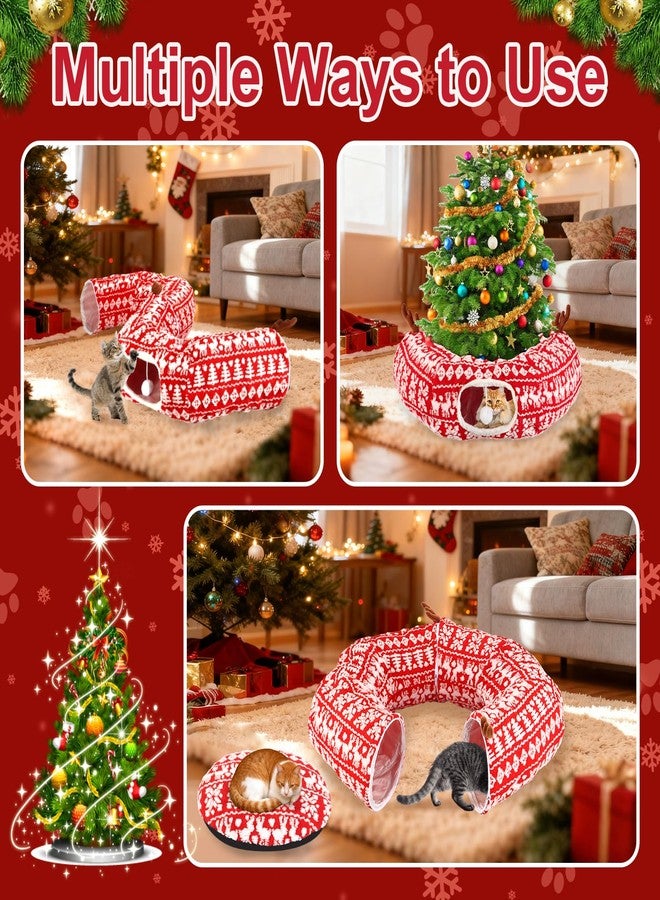 KBDHYY Cat Tunnel Bed Under Christmas Tree 35.4" Festive Circle Cat Tunnel with Feather Toys Adjustable Bibs Foldable Holiday Decorative Pet Cave for Indoor Cats Small Animals Fits Under Tree Skirt - Image 4