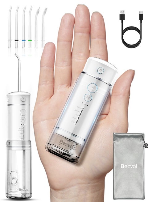 Water Flosser Mini Cordless Portable: 5 Modes Water Dental Floss with Telescopic Water Tank, 6 Tips, IPX7 Waterproof Oral Irrigator for Teeth Cleaning Gums,Orthodontic,Braces Dental Care (White)