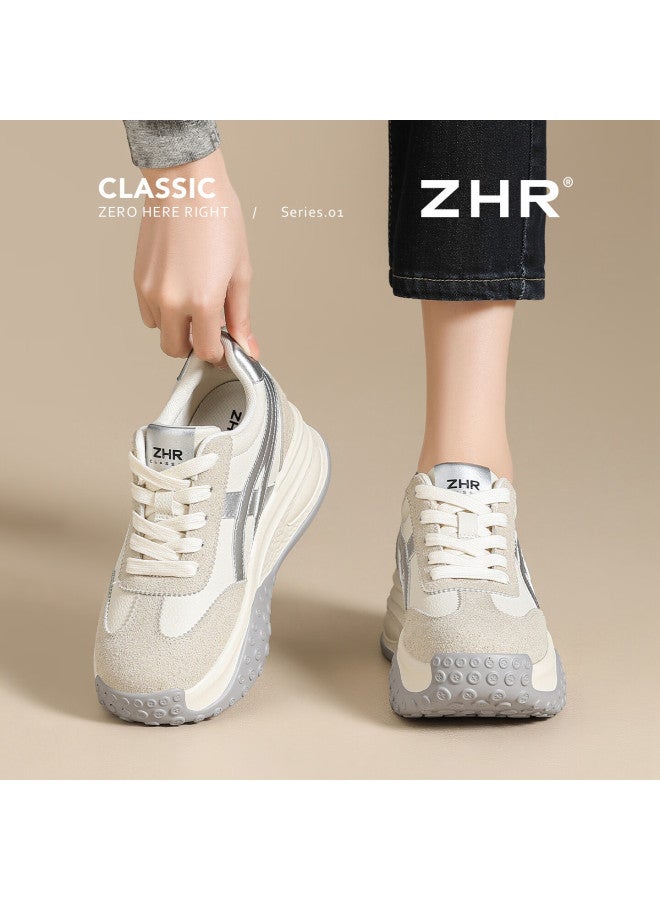 Zhr 7cm Thick Sole Height Increasing Dad Sneakers Women New Versatile Sports Shoes Ks262 Beige Silver Size 40 - Image 1