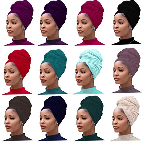 Messen 12 Pieces Head Wrap Scarf Stretch Jersey Turban Extra Long Ultra Soft Urban Headwraps for Women Solid Color African Headwear Headband Tie Wholesale Set02 - Image 1