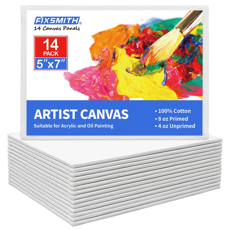FIXSMITH Canvas for Painting 14 Pack  5 x 7 Inch Painting Canvas Panel Boards  100 Cotton Primed Canvases  Super Value Pack Art Supplies Artist Canvas Board for Acrylic Oil  Tempera Painting
