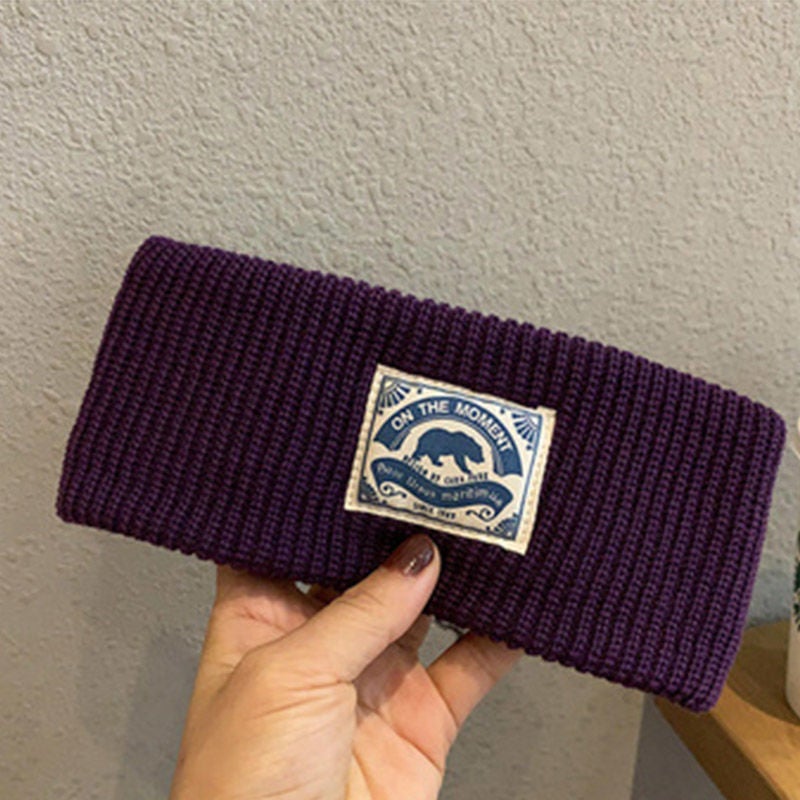 Generic ins All-match Woolen Hair Band Solid Color Headband Sports Knitted Wide Side Hair Band Korean Polar Bear Patch Hair Band Dark purple