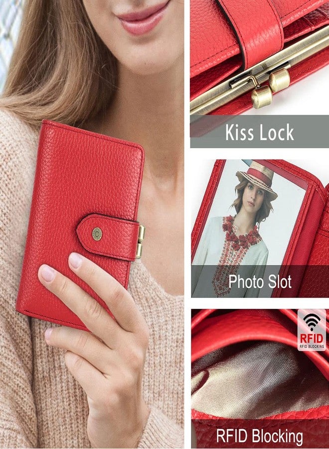CONTACTS Full Grain Leather Kiss Lock Wallet for Women Small Kiss Clasp Coin Purse Red Bifold Card Holder with Rfid Blocking - Image 2