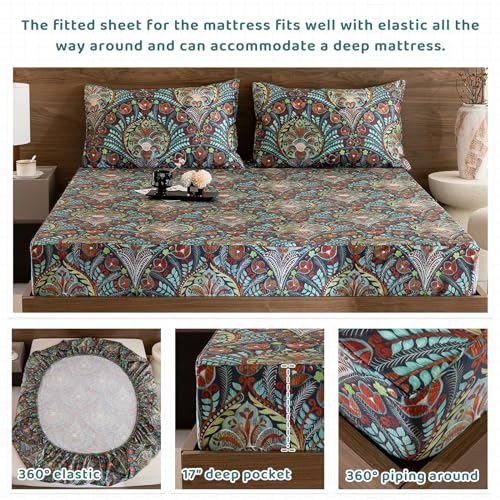 QSH Boho Sheets King Size - 100% Egyptian Cotton Bohemian Patterned Sheets Printed Bedding King Size Bed Sheets 17.5" Extra Deep Pocket 4pcs - Image 4
